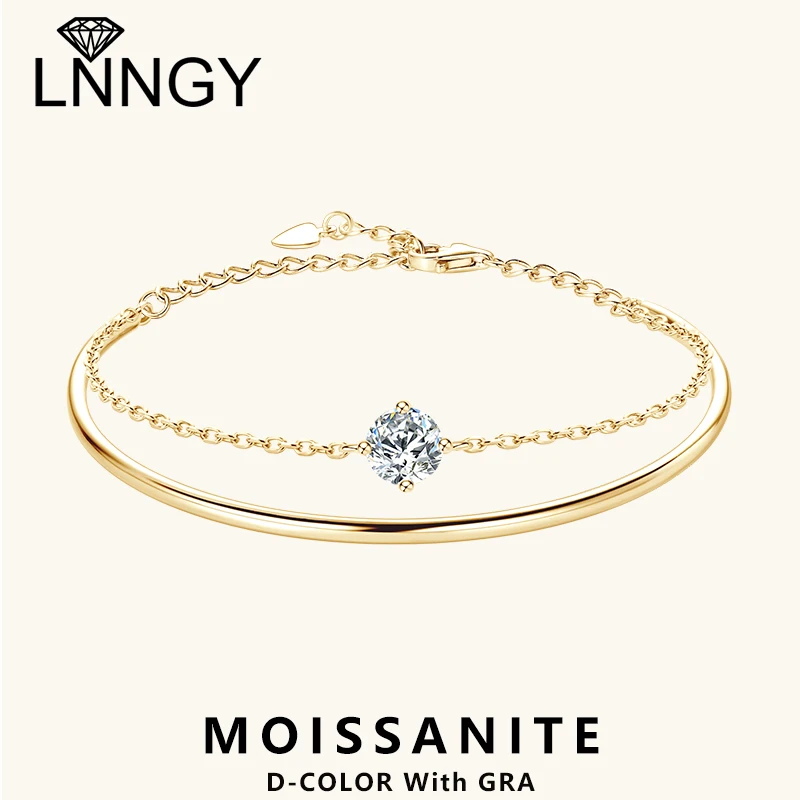 Lnngy 6.5mm Moissanite Bracelet For Women 925 Sterling Silver Double Chain Adjustable Cuff Bracelets Pulsera Wristband Jewelry