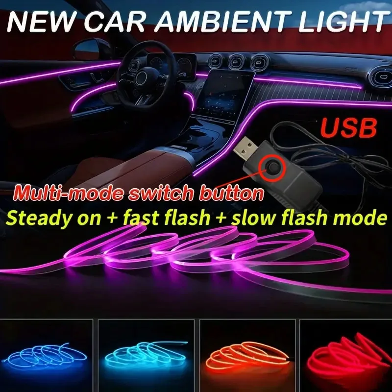 Car Interior Decorative Lamps EL Wiring Neon Strips Dashboard Auto LED Ambient Lights DIY Flexible Atmosphere Lamp 1M/3M/5M