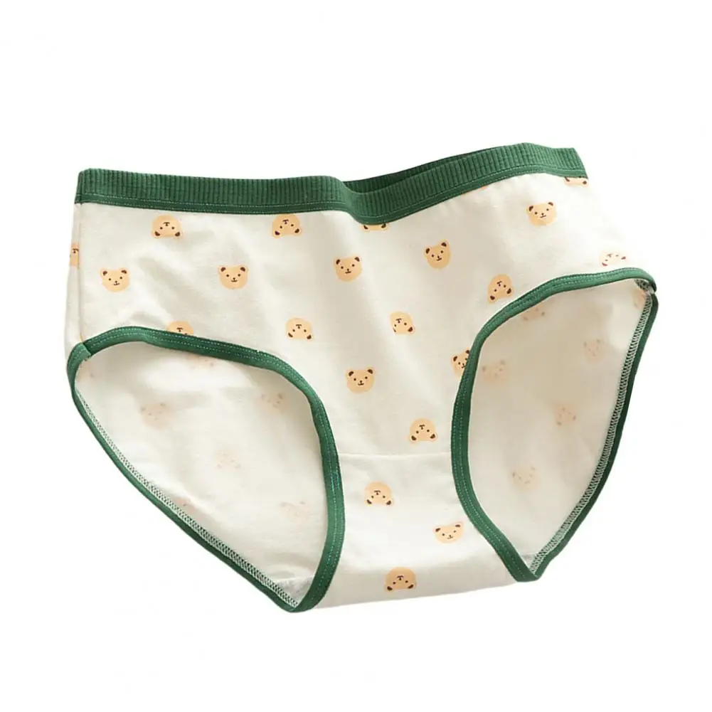 Comfortable Underwear Women Cartoon Adorable Japanese Style Teenage Girls Panties Cute Bear Pattern Green Cotton Crotch Mid-rise