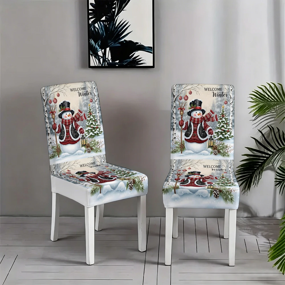 Christmas water-saving colorful retro snowman pine tree fir pattern printed stretch chair cover, detachable and washable