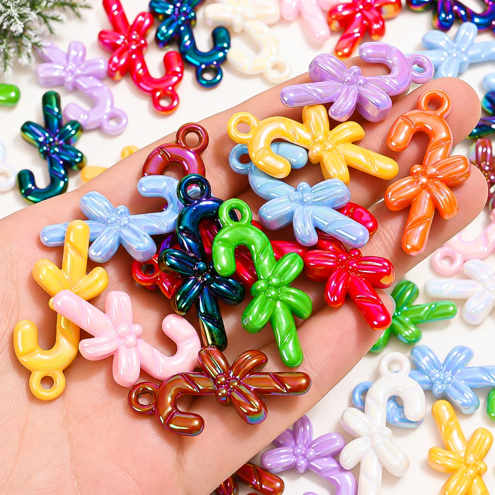 Acrylic AB Candy Cane Charms 16X33mm 10/20Pcs Christmas Pendant Beads for DIY Bracelet Keychain Earring Jewelry Making Supplies