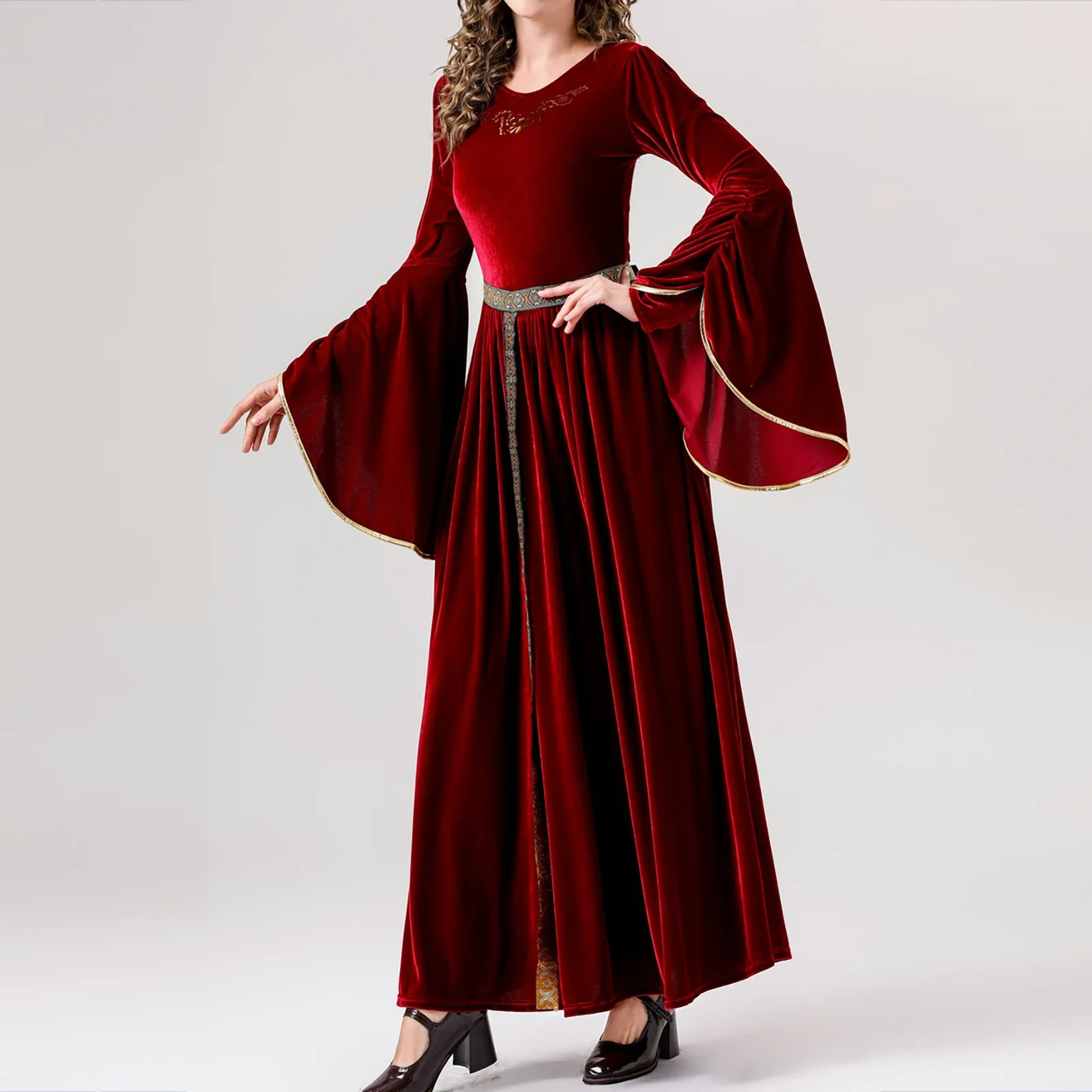 Women Medieval Renaissance Dress Velvet Long Flare Sleeve Vintage Princess Costumes For Halloween Carnival Party Dress Up