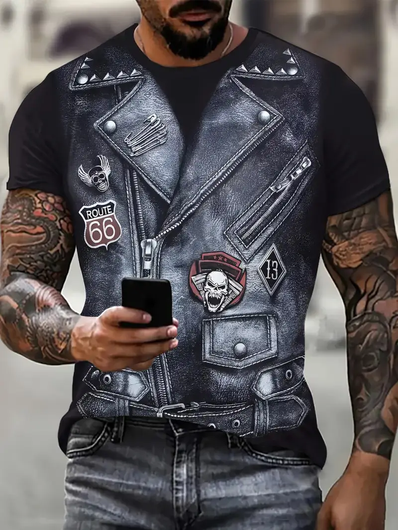 2024 New Motorcycle Jackets Graphic T-shirt Men\'s Vintage 3D Print Short Sleeve Crew Neck Tee Top Oversized Street Trend T shirt