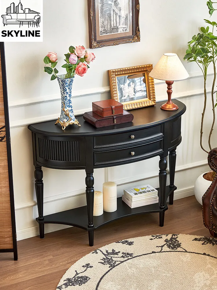 Vintage Matte Black Full Solid Wood Semi-Circle Wall Mount Entry Cabinet Multi-Purpose Storage Furniture for Aisle & Living Room