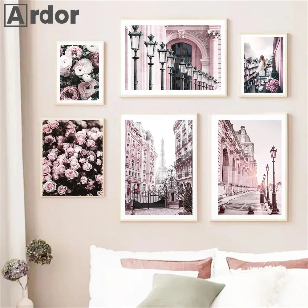 Pink Spring Flower City Landscape Rose Peony Wall Art Canvas Painting Romantic Poster Retro Print Picture Living Room Home Decor
