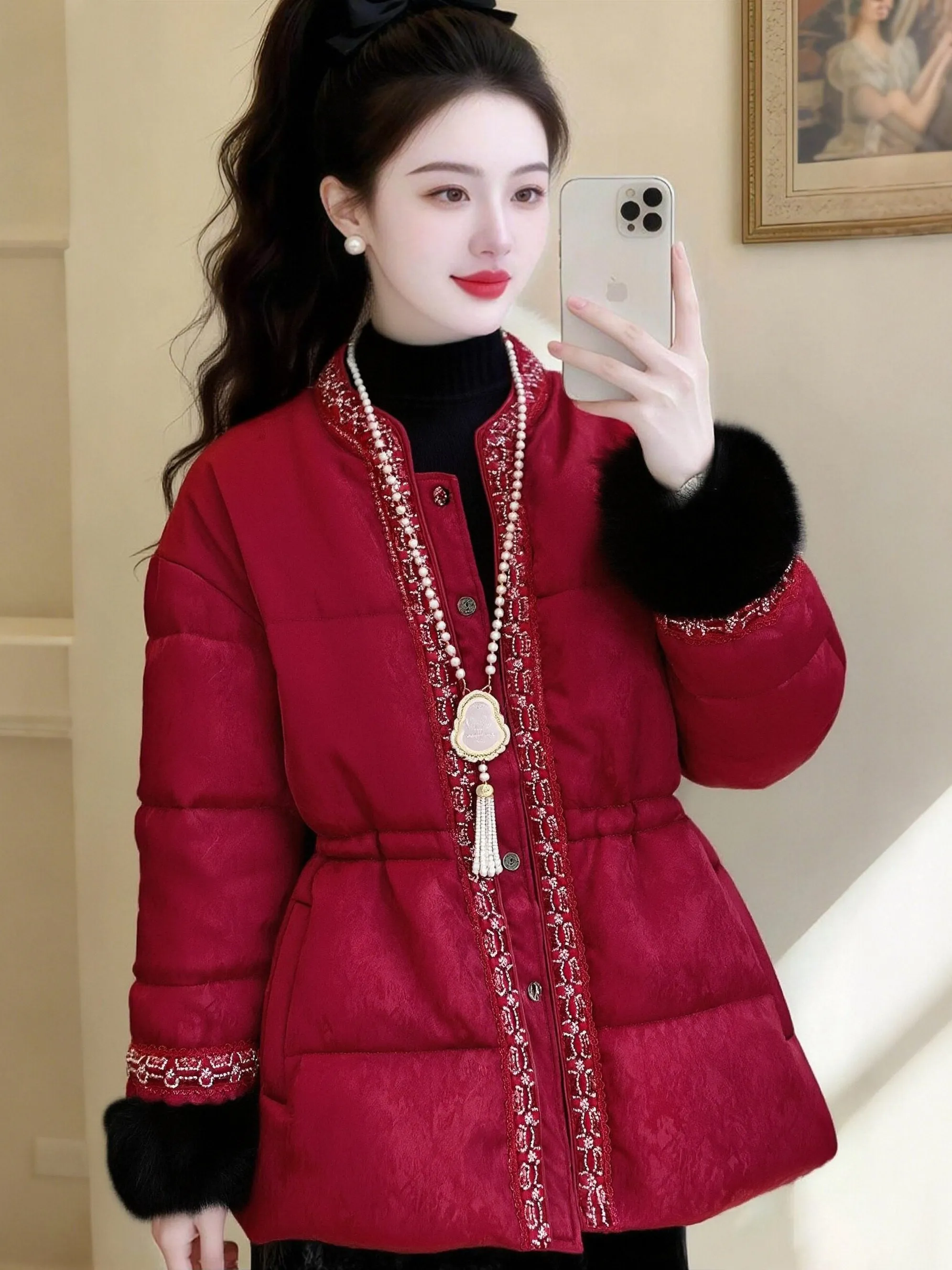 

Элегантная винтажная женская хлопковая куртка средней длины с эффектом утяжки талии, больших размеров, для зимы 2026 года, новый стиль, национальный тренд