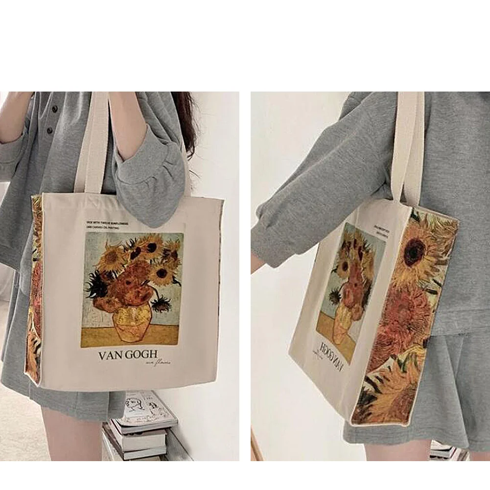 Canvas Tote Bag Aesthetic Vintage, Oil Painting Graphic Trendy School Tote Bags with Zipper Interior Pockets Shoulder Tote Bags