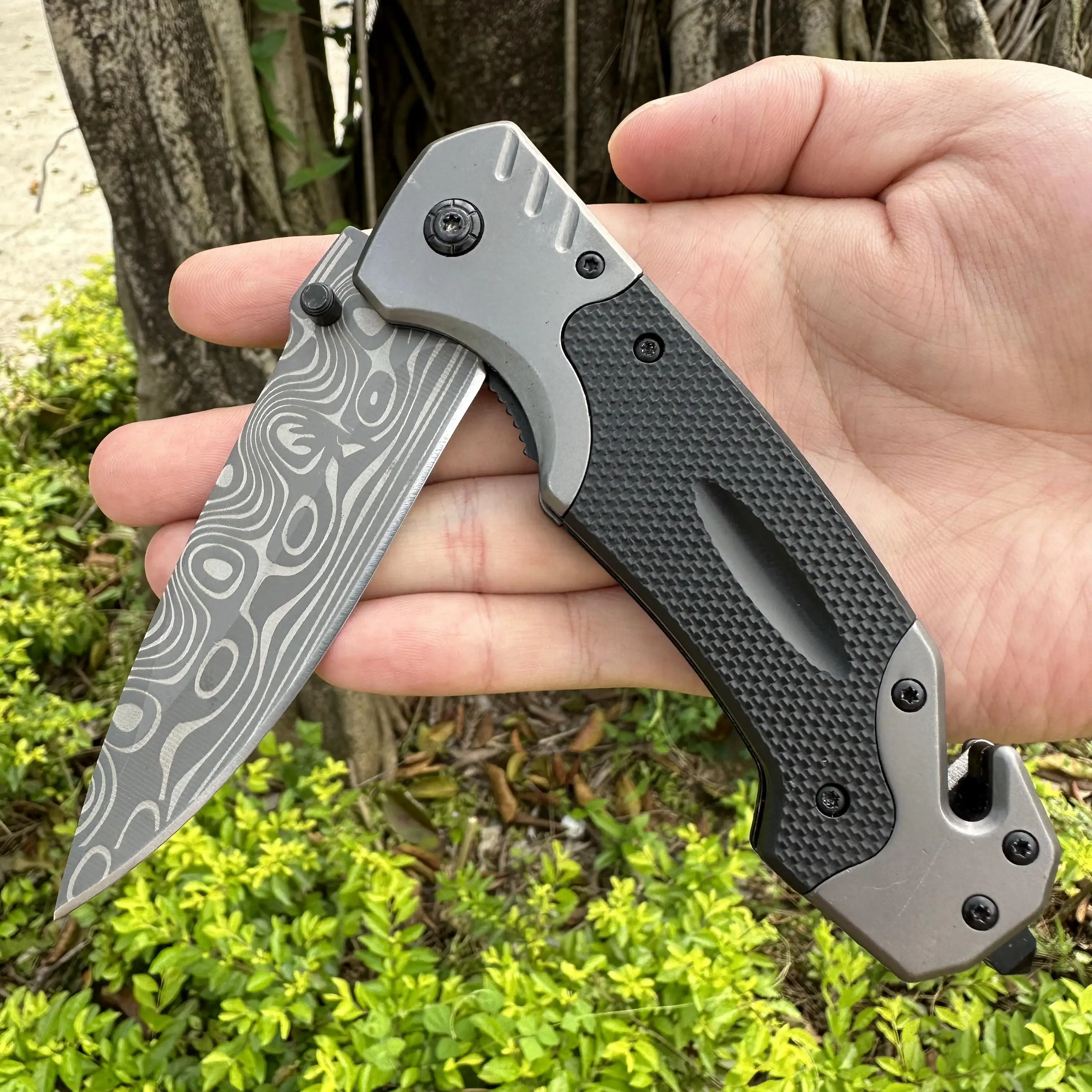 Topwell Smooth Quick Opening EDC Pocket Knife Sharp 5cr15mov Blade With Damascus Coating Comfortable Handle Outdoor/Self-rescue