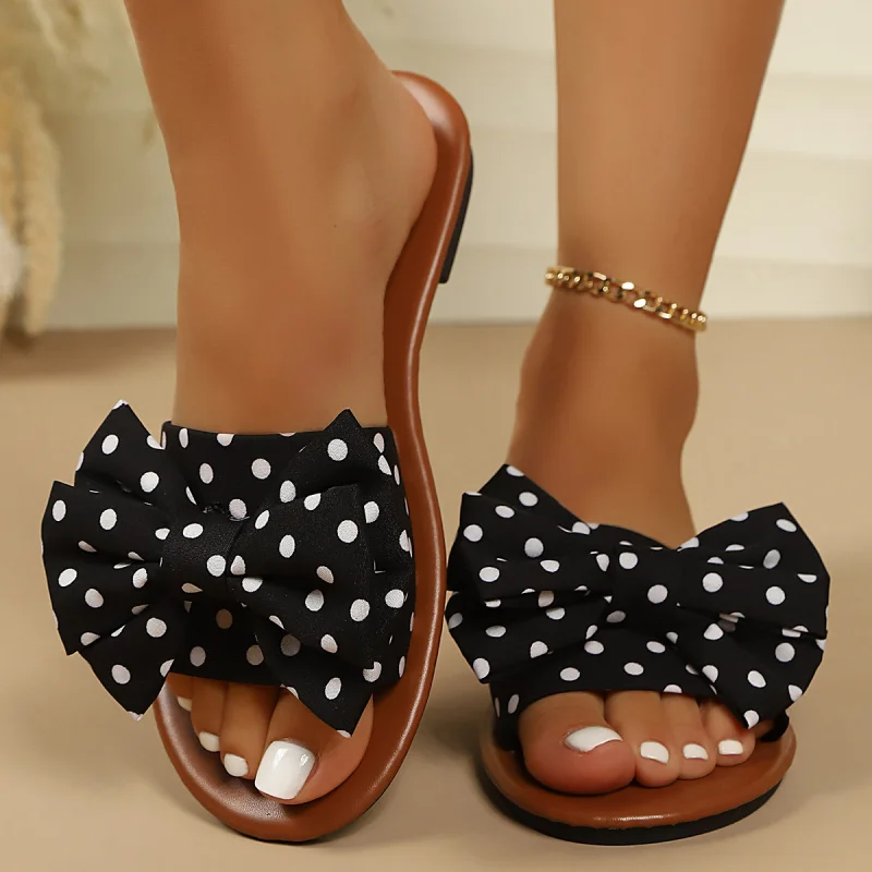 Women's Polka Dot Bow-Decorated Slip-On Flat Sandals with Soft Soles and Soft Surfaces, Comfortable and Non-Tiring for Home, Tra