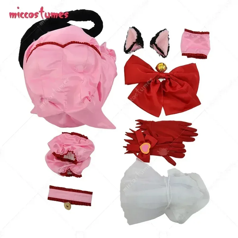 25COSMiccostumes أزياء أنيمي ميو ميو التأثيرية فستان وردي قصير مع آذان وذيل القط