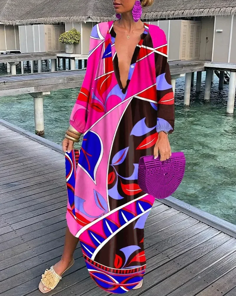 

Women Summer Abstract Print Lantern Sleeve Shirt Long Dress Fashion Vacation Femme Long Sleeve Maxi Dress Oversized Clothing