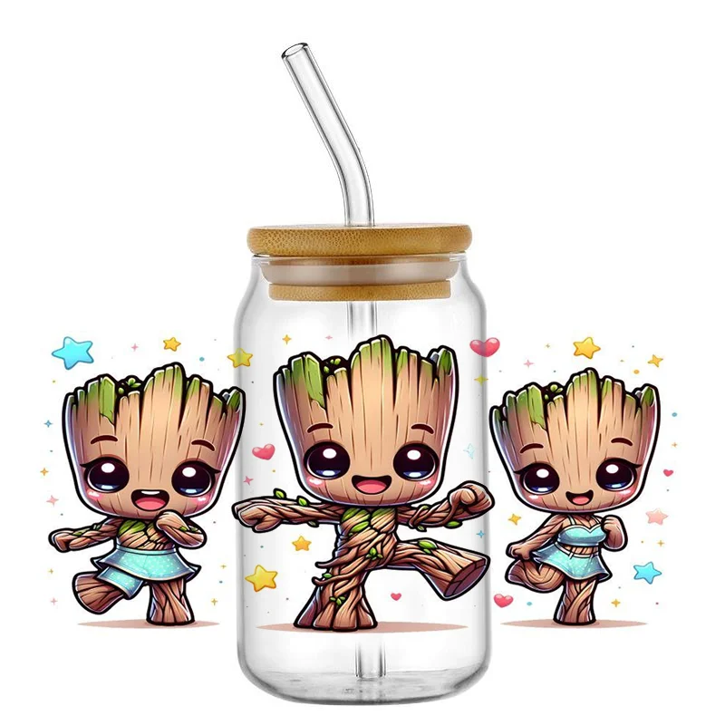 Miniso Cartoon Groot 16OZ UV DTF Cup Wraps Transfer Sticker For Glass Libbey Can Bottle Selfadhesive Washable DIY Custom