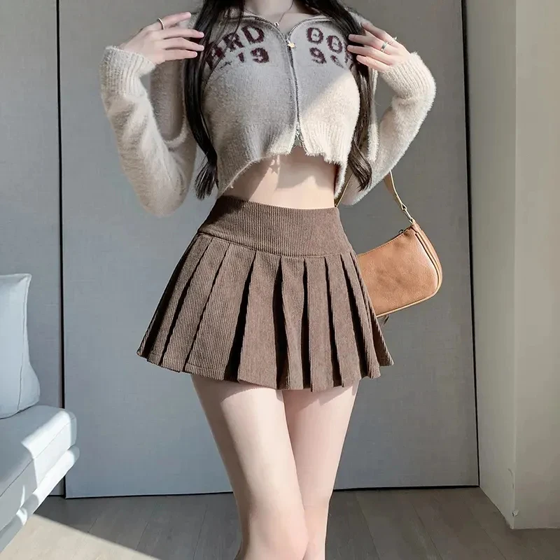 Zoki Corduroy Women Pleated Skirt Y2K High Waist Korean Casual Mini Skirts Femme Vintage Preppy Style Sweet A Line Skirts New