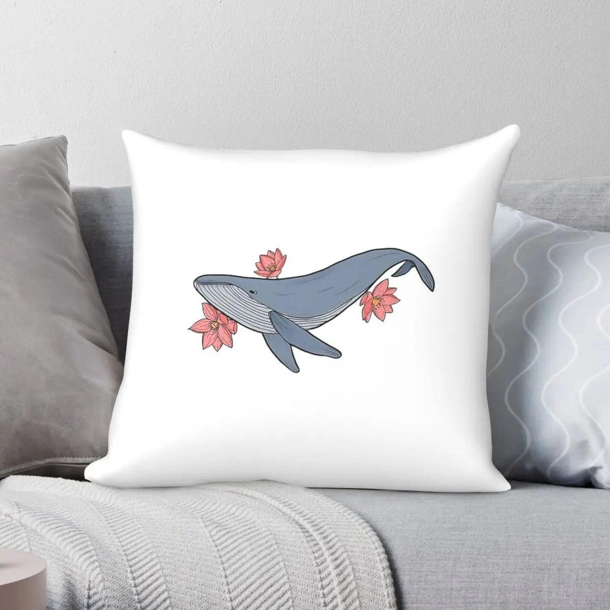 Whale Seabed Marine Flowers Square Pillowcase Polyester Linen Velvet Creative Zip Decorative Sofa Seater Cushion Cover