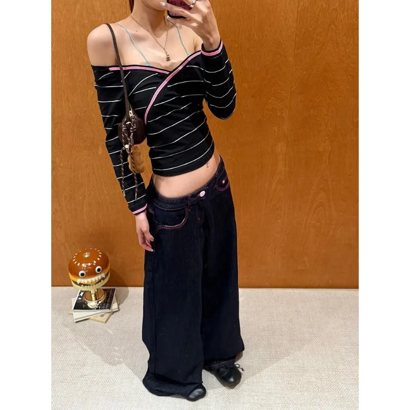 

American Sle Large Size Retro Embroidered Loose Straight Leg Jeans Women's High Waist Spicy Simple Match Wide Leg Long Pants
