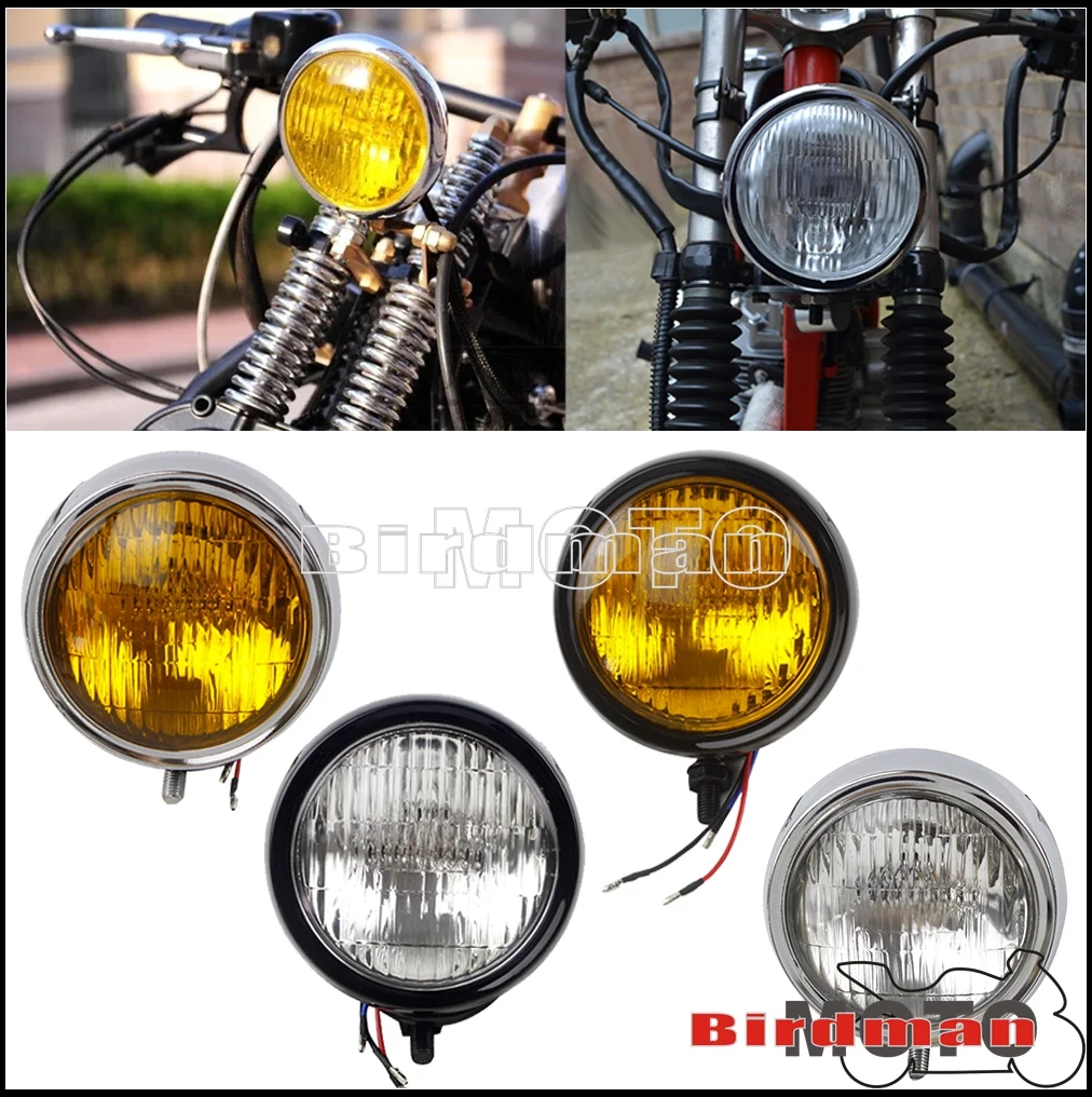 Motorcycle Universal Headlamp Head Lights Chrome For Harley Honda Yamaha SX650 CB250 XJ1500 Yellow Cafe Racer Headlight 4.5 inch