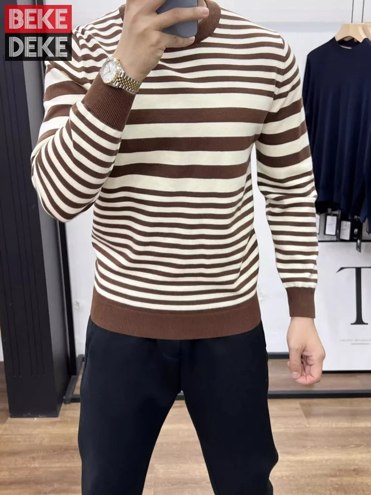 Vintage Mens Autumn New Mixed Colors Striped Sweater Pullover Tops O Neck Long Sleeve Slim Fit Casual Knitted Jumpers Streetwear