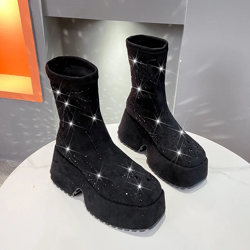 High-end Stretch Rhinestone Short Boots Women Autumn Winter Style Fashion Thick Soled Comfortable Boots Party Casual Shoes