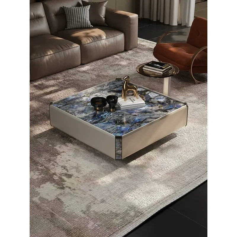 Square Coffee Table with Rock Slab Top and Saddle Leather Veneer Modern Light Luxury Living Room Furniture