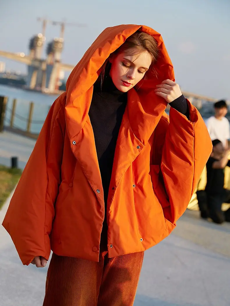 Imagem -02 - Jaqueta Fofa para Mulheres Parkas Soltas Cabolsas Quentes Jaqueta com Capuz Extragrande Manga Longa Laranja e Vermelho Moda Maré Inverno Novo F2531