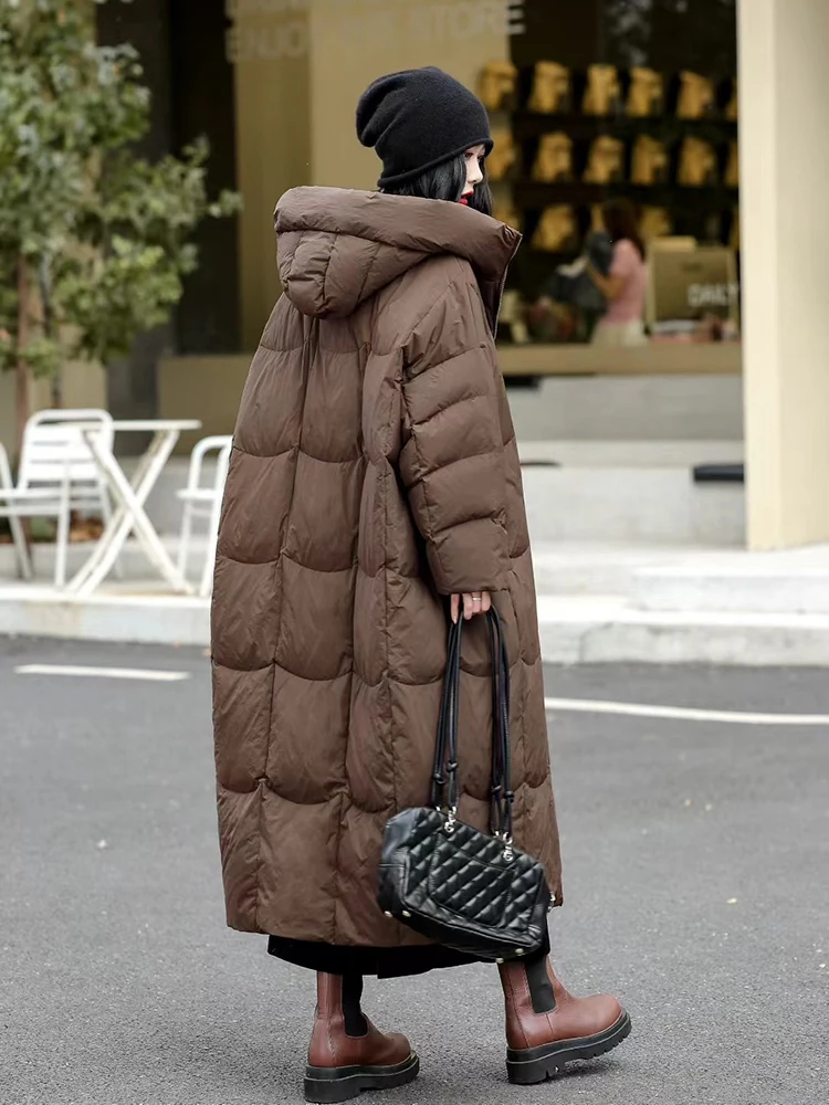 الشتاء مقنعين طويلة كبيرة الحجم أسفل سترة الإناث الدافئة باركر طول الركبة أبلى المرأة الأبيض بطة أسفل مزدوجة سستة أسفل سترة #2