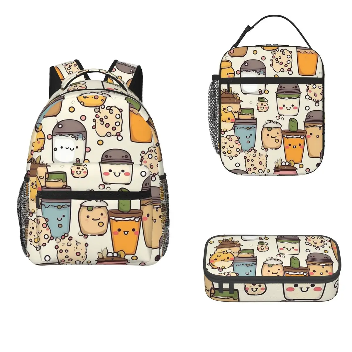 

Boba Bubble Tea Cartoon Colourful Pattern Backpacks Boys Bookbag Children School Bags Rucksack Lunch Bag Pen Bag Three-Piece Set