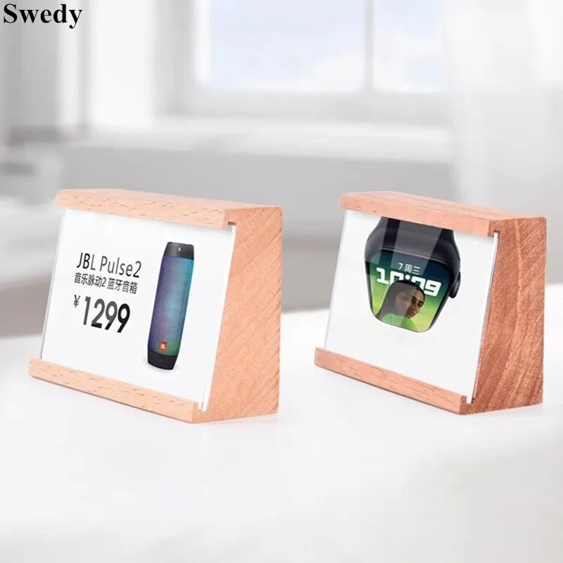 50x70mm Small Wood Base Acrylic Sign Holder Display Stand Table Number Place Card Holder Mini Price Label Card Tags