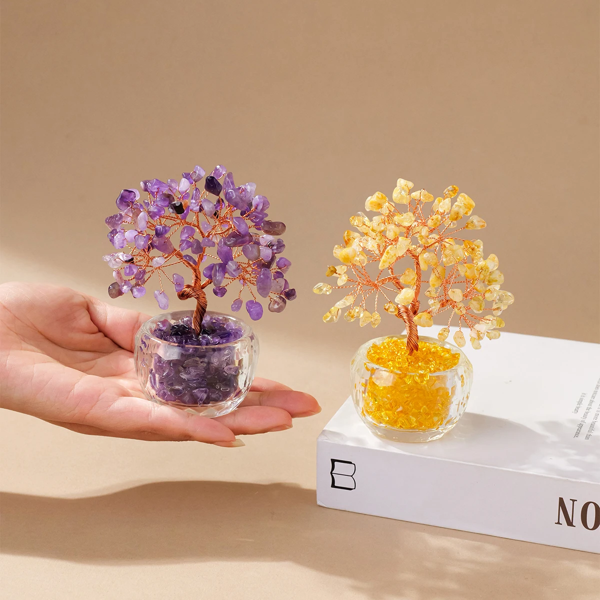 Natural Crystal Money Tree Ornament Feng Shui Wealth Tree with Gemstone Abundance Bowl for Home Office Decoration view 2