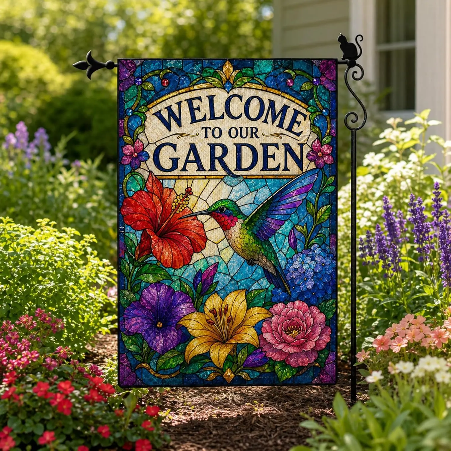 Welcome to Our Garden Stained Glass Hummingbird Garden Flag, Double Sided Outdoor Yard Flag, 12 x 18 Inch Burlap Seasonal Po jjp
