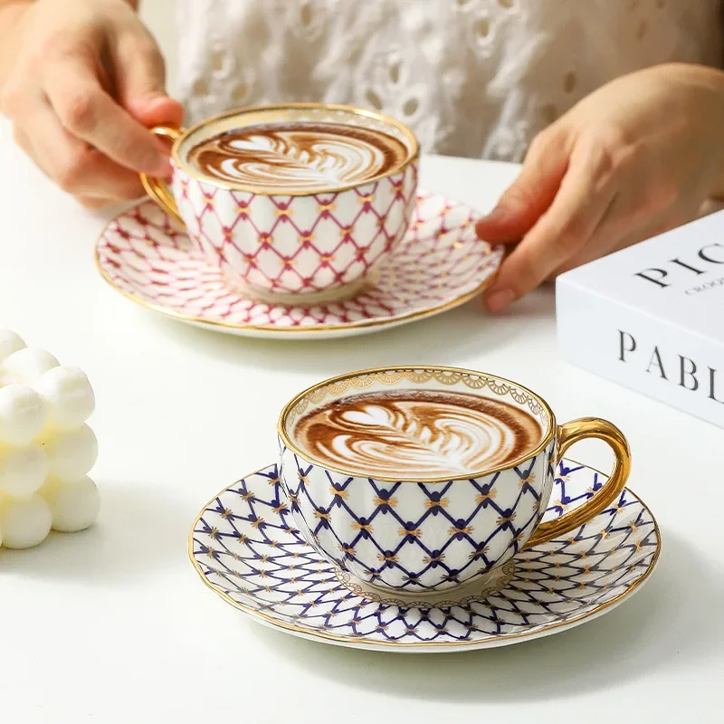 Gold Trim Porcelain Coffee Cup Geometric Grid Pattern Ceramic Cup Saucer Set for Latte Espresso Tea Afternoon Tea Home Decor