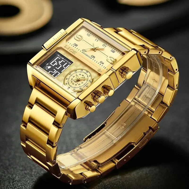 LIGE Luxury Original Men Sports Wrist Watch Gold Quartz Steel Waterproof Dual Display Clock Watches For Men Relogio Masculino