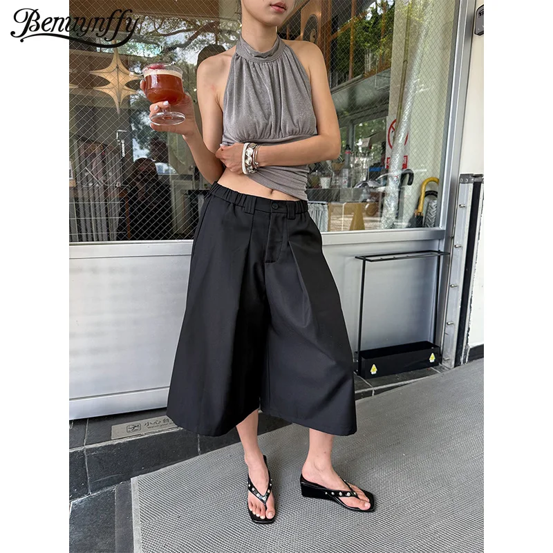 Benuynffy Solid Color Elastic Waist Suit Pants Women 2026 Summer New Korean Street Casual Office Ladies Wide Leg Capri Pants