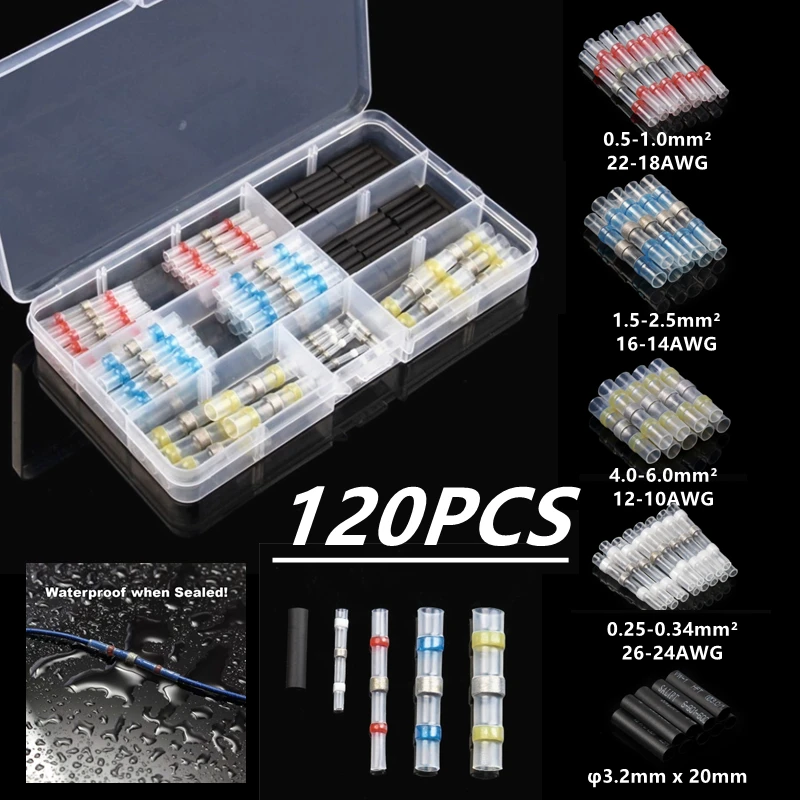 120Pcs  Soldering Butt Connector Insulated Waterproof Electrical Wire Soldered Terminals Heat Shrink  Sleeve Assorted Kit