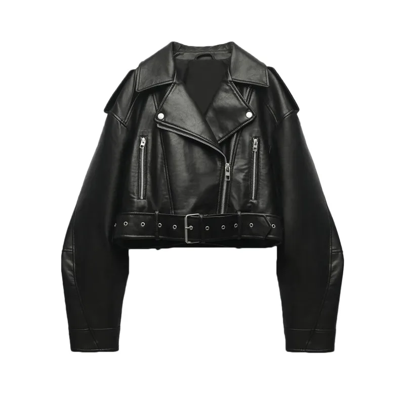 Women's vintage faux leather jacket Short jacket top Long sleeve zipper biker style leather jacket