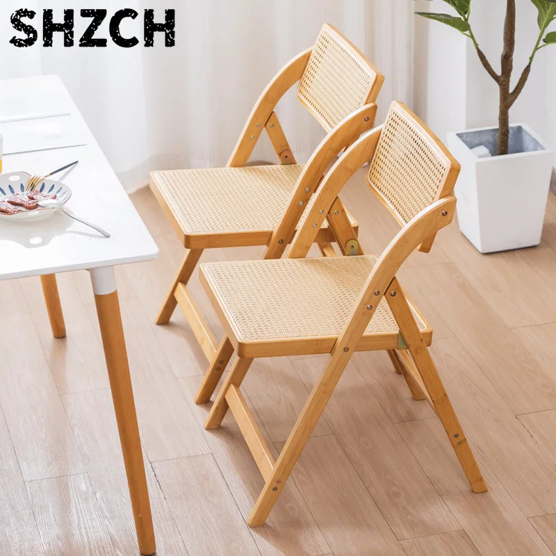 Rattan Woven Folding Chair Outdoor Adult Portable Lunch Break Chair Backback Summer Leisure Chair Home Dining Room Furniture