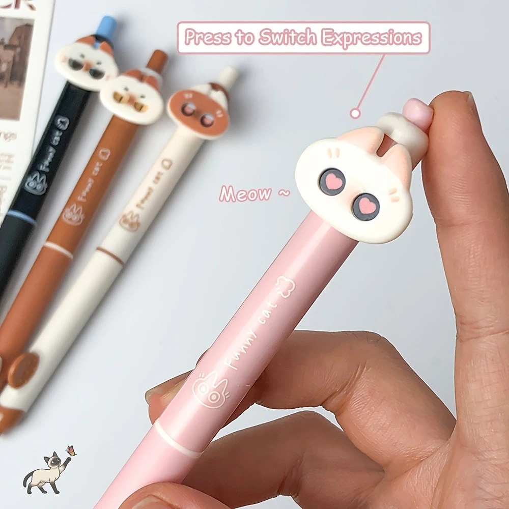 

4 Fun Siamese Cat Neutral Pen 0.5mm Cute Quick Drying Orthographic Pen Creative Press to Switch Cat Expression Neutral Pen