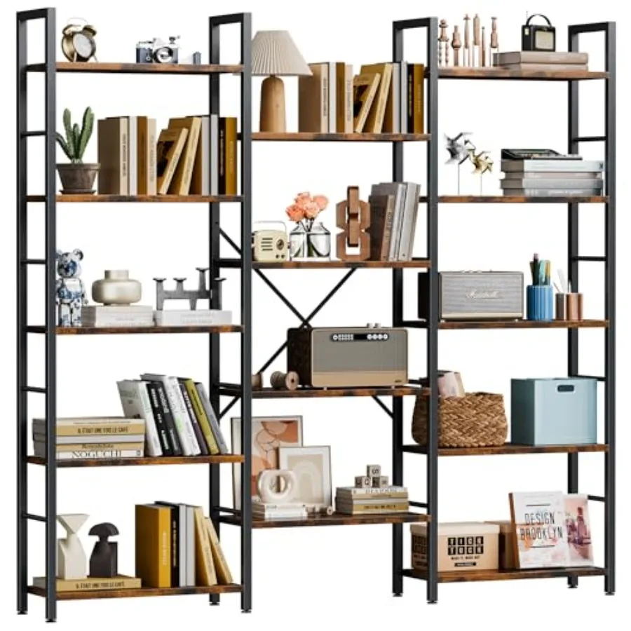 

Triple Column 5 Tier Bookshelf Industrial Large Bookcase Display Shelves Large Etagere Bookshelf Wide Book Shelf Book Case for