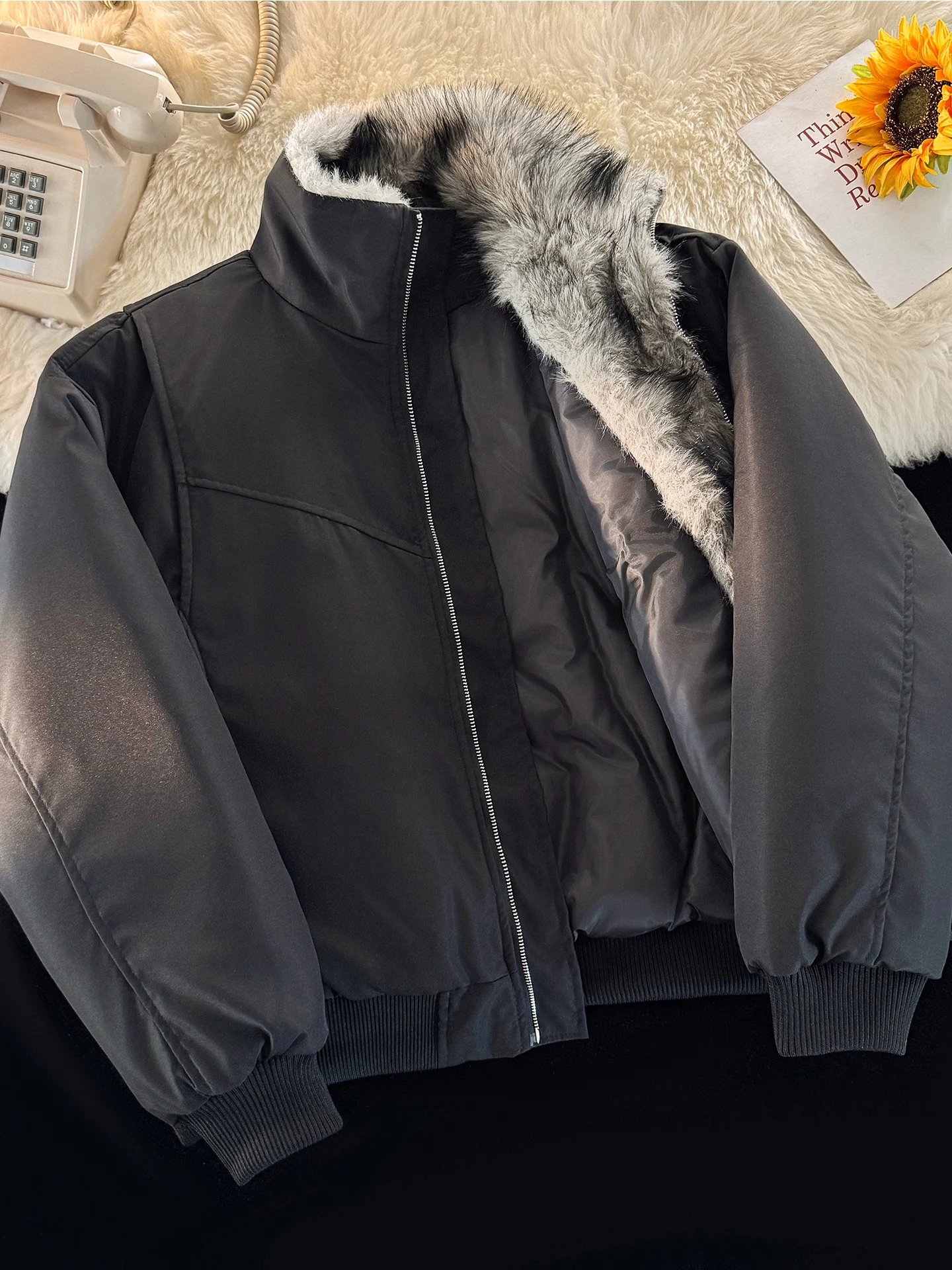 

Winter Thiened Fce Lined Cotton Jaet Stand Collar Men's Warm Loose Spor High End Feeling Casual Polyester Fabric