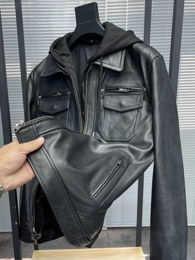 Fashion Punk Men Genuine Leather Motorcycle Jacket Zipper Removable Hooded Long Sleeve Spring Streetwear Cowhide Short Coat Male