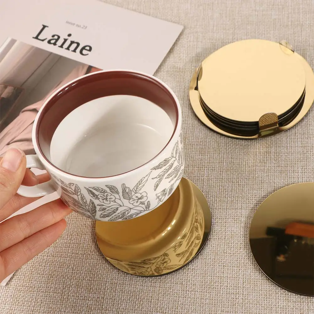 Practical Round Gold Stainless Steel Coaster Set Mirror-like Scald-proof Insulated Cup Mat With Holder Mug Cushion Bowl