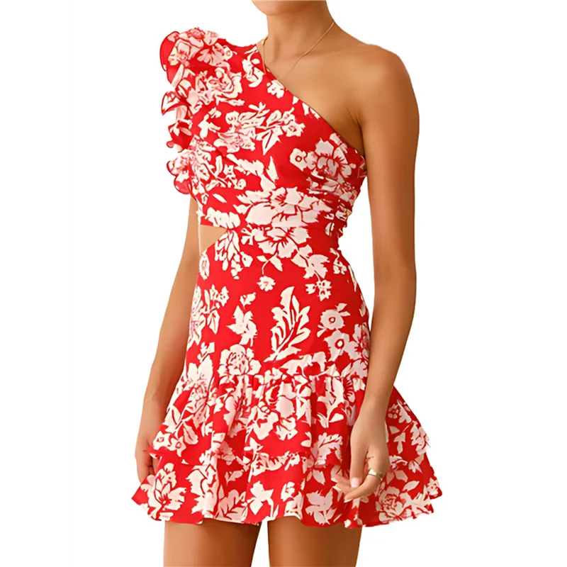 【SEE】캐주얼 여름 꽃무늬 프릴 민소매 컷아웃 미니 드레스 Boho Beach Sundress