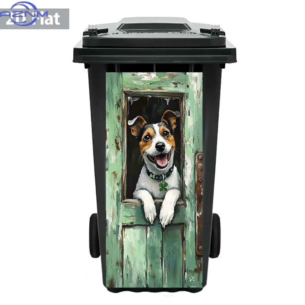 2D Flat Happy Dog on Door PVC Trash Can Sticker, Waterproof & Removable, Perfect for Rustic Wall Decor, Home Pet Decor, DIY Ch