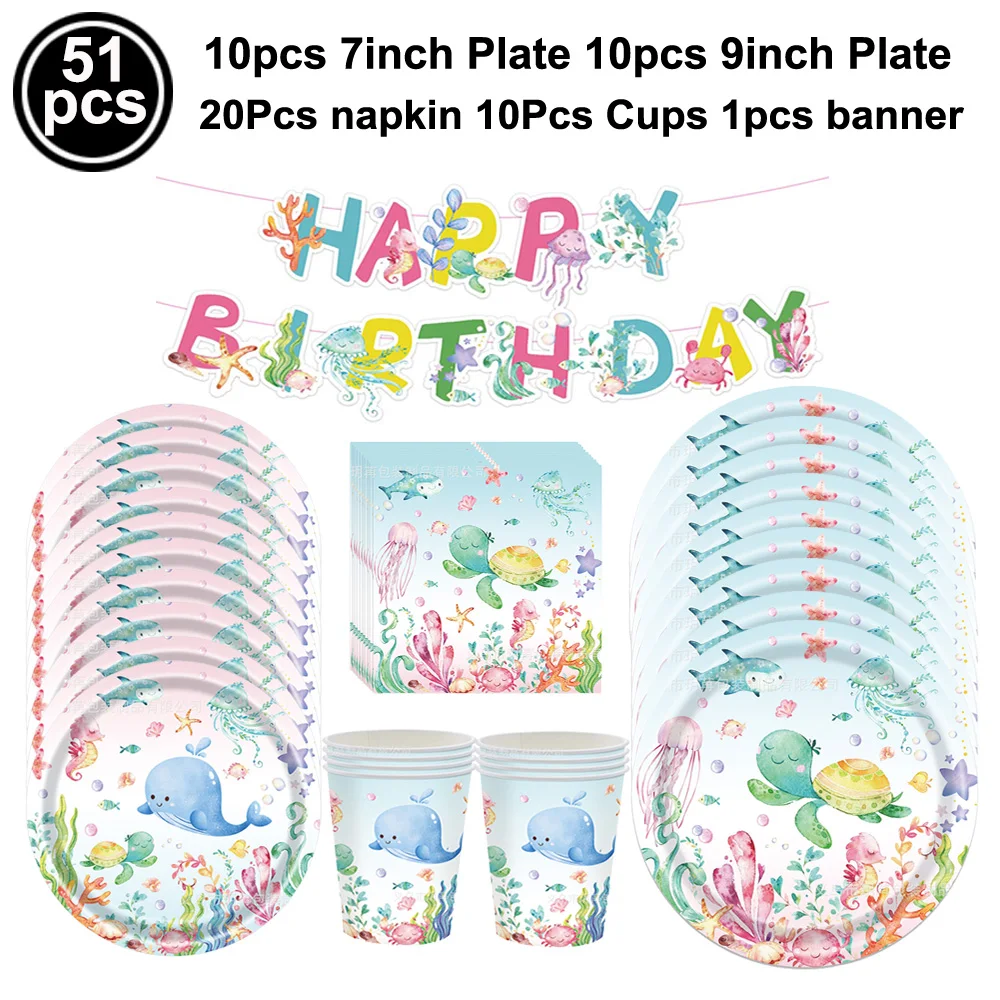 Ocean Animal Birthday Disposable Tableware Sea Life Paper Plates Cups Napkins Tablecloth Under The Sea Theme Party Decoration