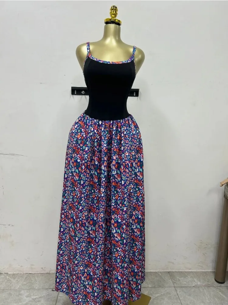 Damska Sukienka Maxi na Ramiączkach z Kwiatowym Nadrukiem i Łączonymi Wstawkami, Długa Sukienka na Lato 2025, Plażowa, Urodzinowa, Seksowna, Klubowa, Wieczorowa