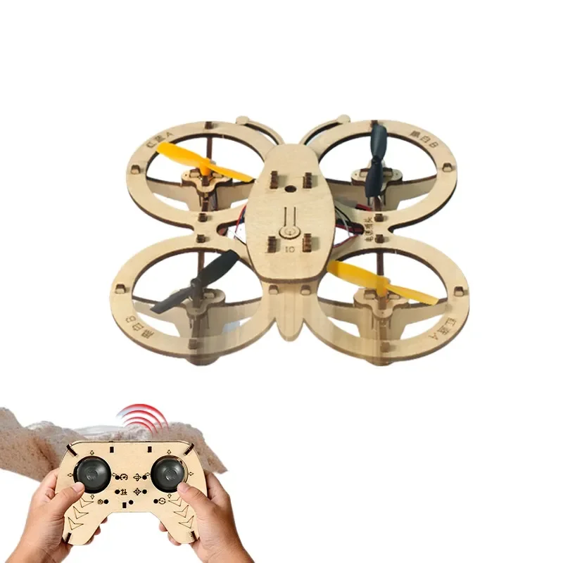 DIY Wooden Assembly Drone Kit Remote Control Quadcopter Educational STEM Science Experiment Toy for Students Compatible