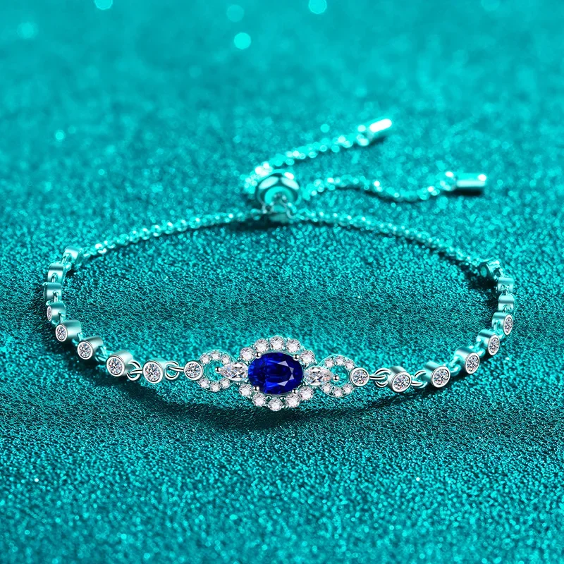 Luxury White Gold 18K Bracelets for Women Royal Blue Oval Bag 0.5ct Moissanite Diamond Bracelet Elegant High-grade Light Jewelry