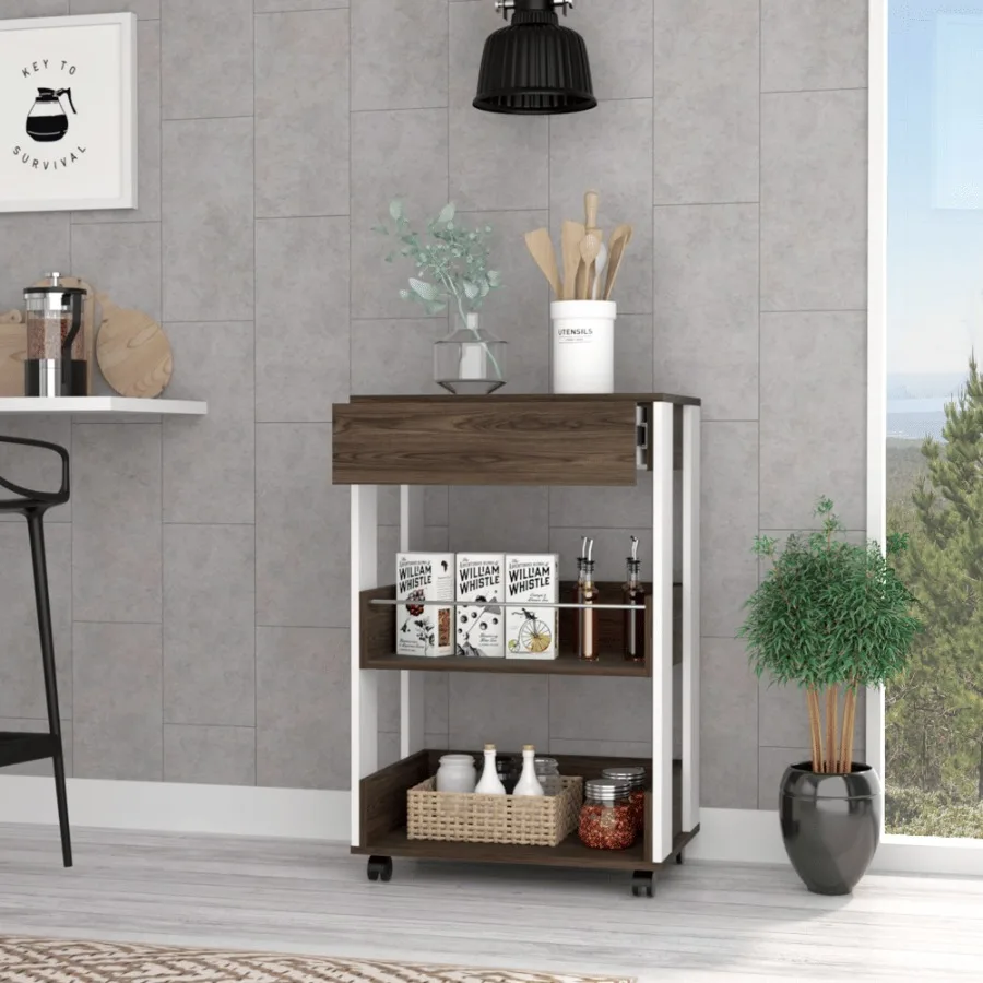 

Kitchen Cart Coron with Drawer ThreeTier Shelves and Casters White Dark Walnut Finish