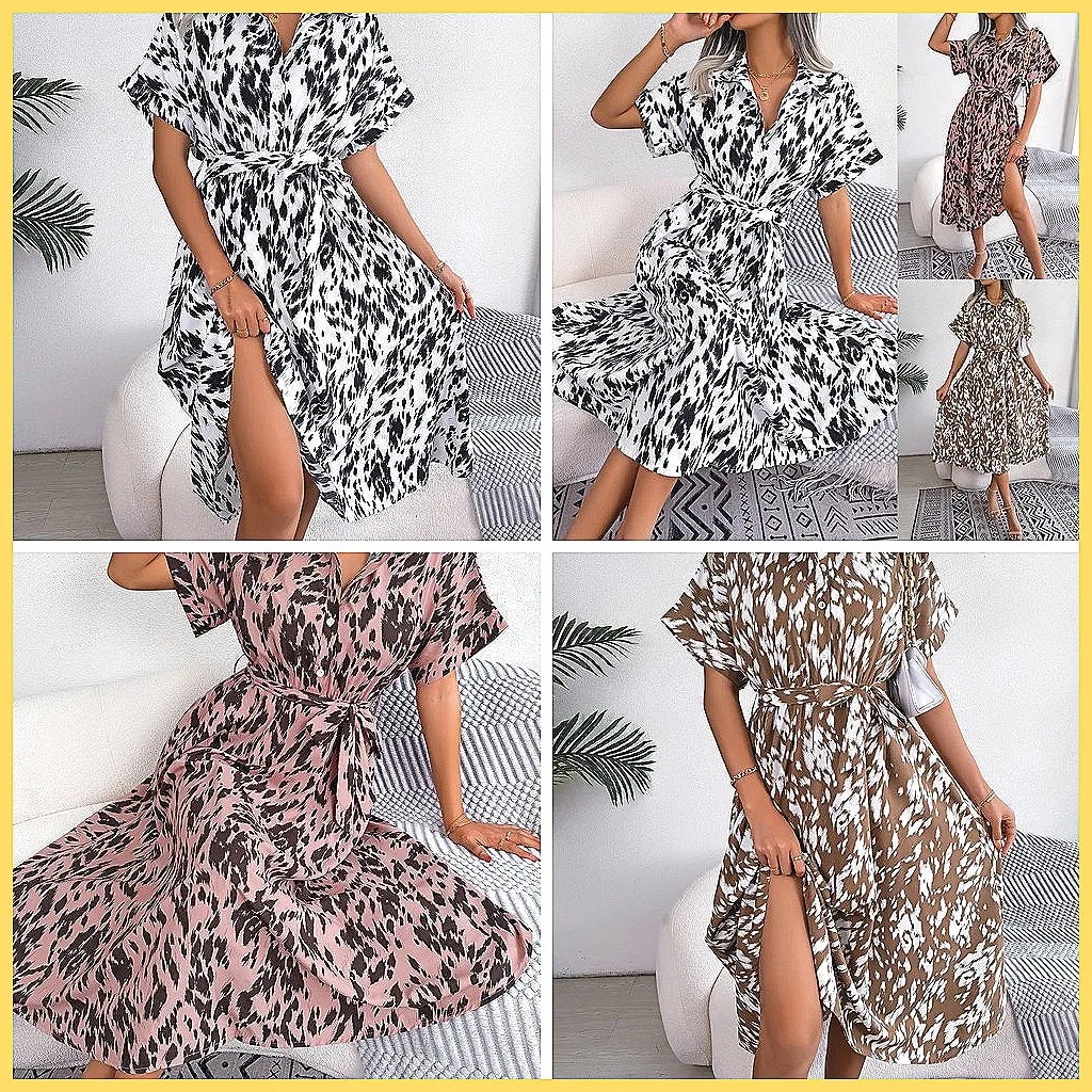 Women's Leopard Print Loose Shirt Dress, Casual Long Batwing Sleeve Lace-Up Summer Dress