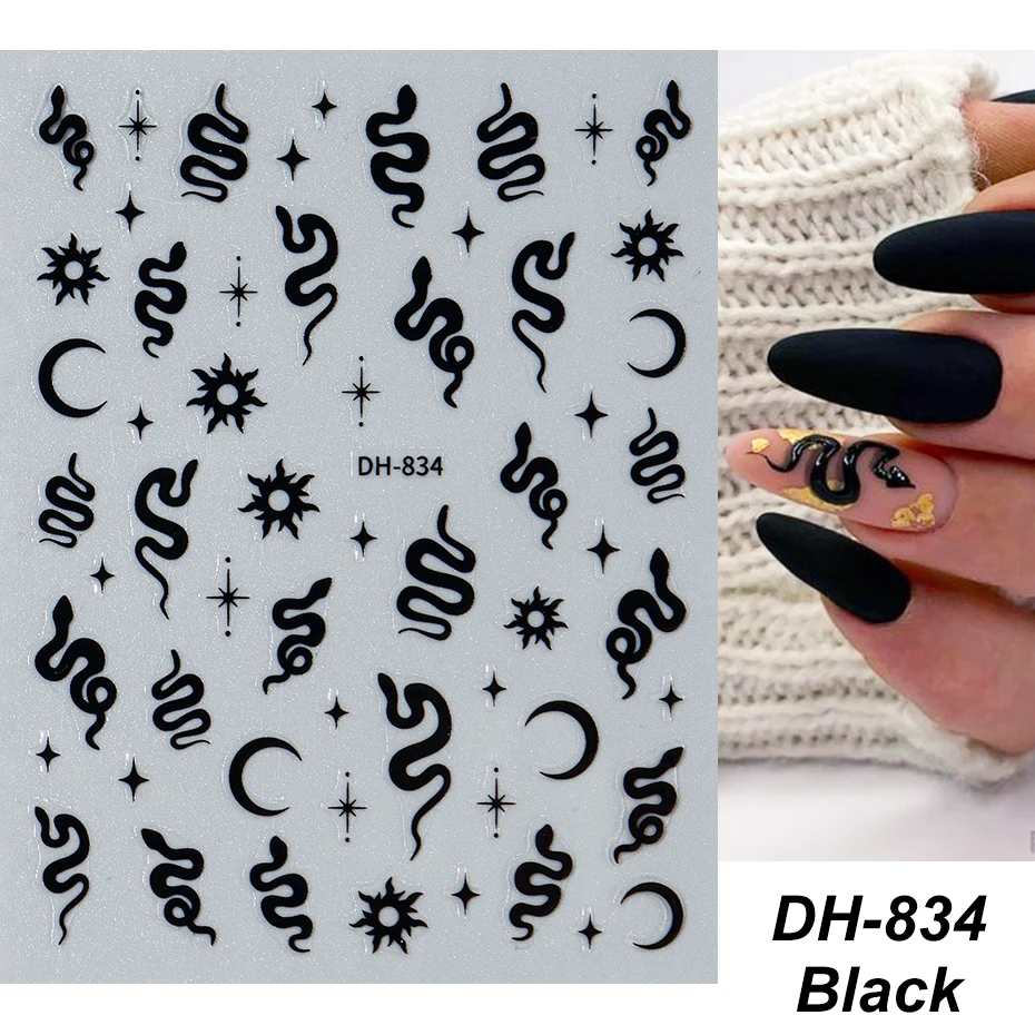 4 stks Y2K Zwarte Slang Nagelstickers 3D Goud Bronzing Zilver Witte Slang DIY Sliders Glanzende Maan Zon Kruis Sterrenlicht Manicure Decal