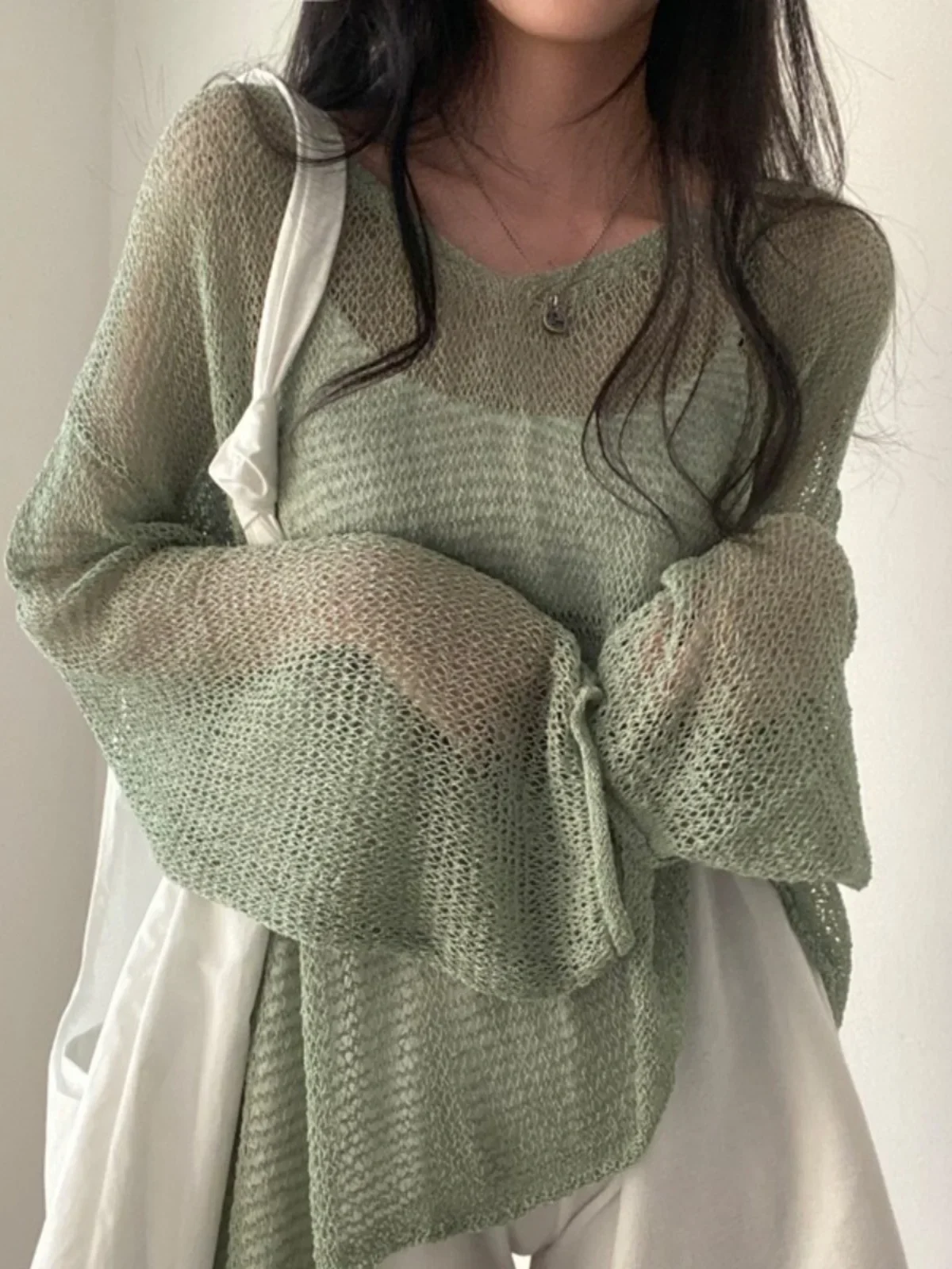 New Korean Style Uneven Knitted Hollow out Top Women's Spring Thin Casual Loose Lazy Style Semi-Transparent Long Sleeve Shirt